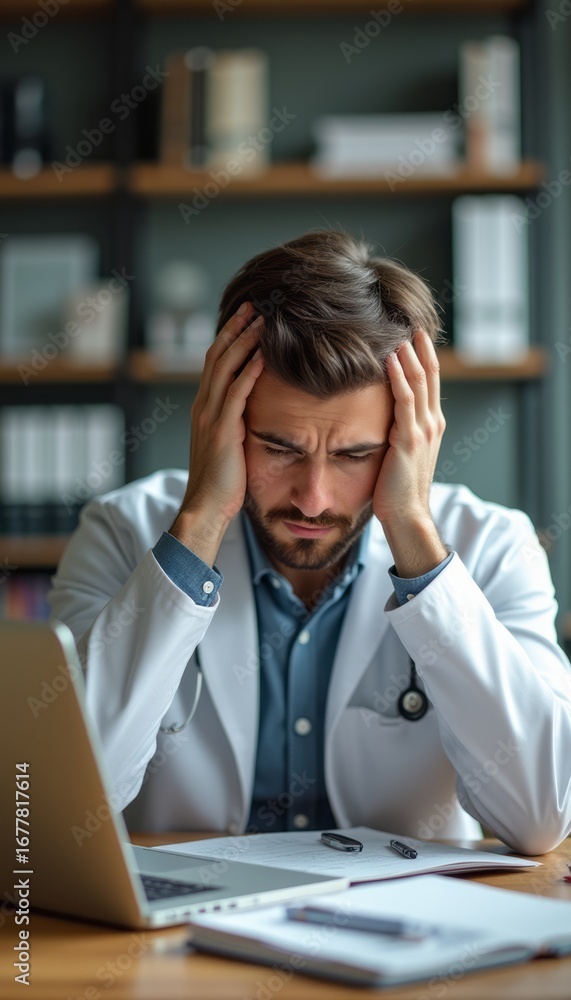 Obraz premium Stressed doctor with head in hands at desk