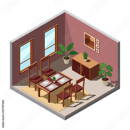 Isometric dining room. Dining room interior. Table, chairs and other furniture. Isometric home furniture. Isometric home room