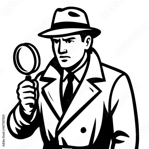 Detective in a raincoat holding a magnifying glass in vector art