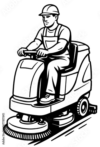 Operator using floor scrubber for commercial cleaning