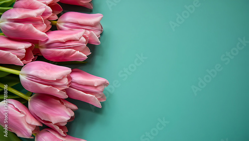 Elegant Pink Tulips on Teal Background Floral Arrangement