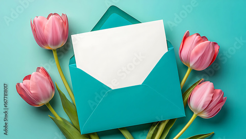 Elegant Pink Tulips with Teal Envelope Mockup
