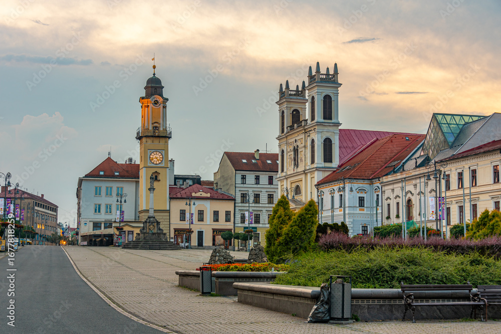 Fototapeta premium Sunrise panorama of the Slovak national uprising square in Bansk