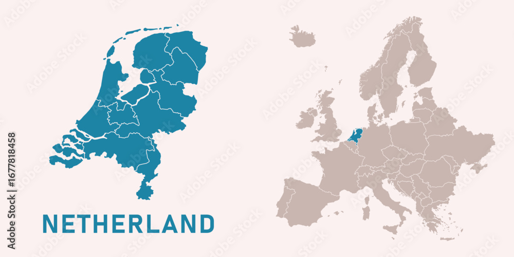 Obraz premium Map of Netherlands with administrative divisions and highlighted position on Europe map. Isolated on white background. Vector illustration.