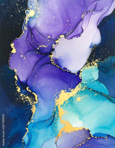 Abstract fluid art in purples, blues, and golds