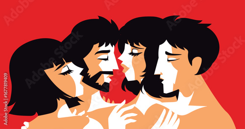 group of polyamorous swinger naked people