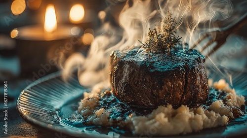 Steaming steak on mashed potatoes with candle in background warm light.