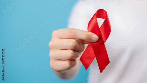 Hand holding red ribbon for Aids awareness
