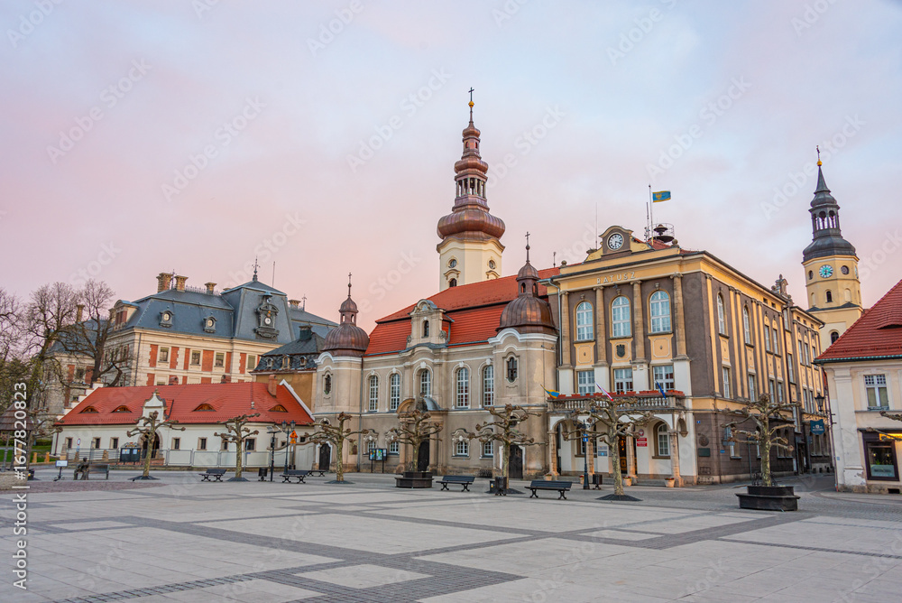 Fototapeta premium Sunrise view of the main square in Polish town Pszczyna, Poland