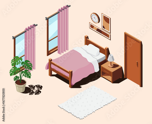 Isometric bedroom. Bedroom interior. Bed, lamp, plant, and other bedroom equipment. Isometric home furniture. Isometric home room