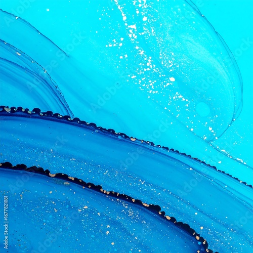 Abstract fluid art, vibrant blues and gold