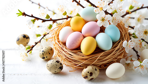 Pastel Easter eggs in nest with blossom branches