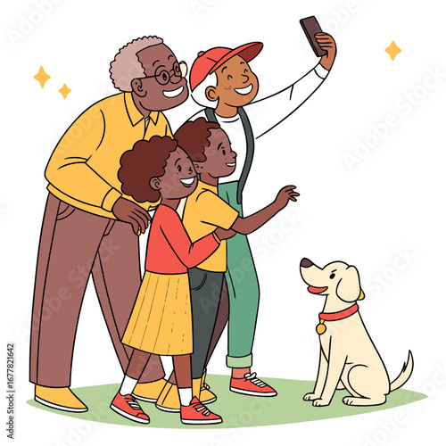 Multicultural family with grandparents, children and dog taking selfie.