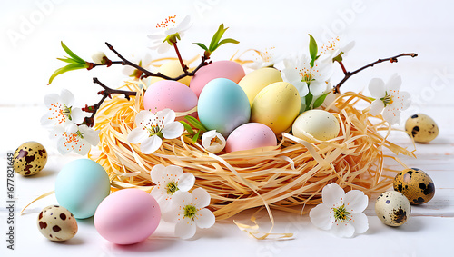 Pastel Easter Eggs in Nest with Flowers Spring