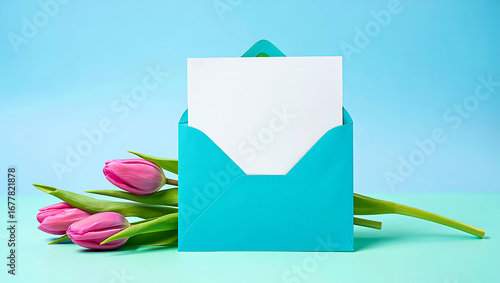 Pink tulips with envelope on pastel background