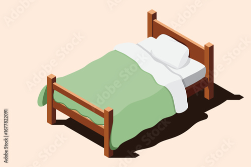Isometric wooden bed with mattress. Isometric single bed. Wooden bed frame with mattress, pillow, and blanket. Isometric bedroom furniture