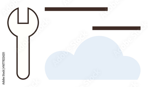 Wrench with cloud element and horizontal lines representing tools, repair, settings, cloud computing. Ideal for technology, IT solutions, maintenance, data management, cloud services software tools