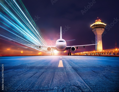 Wallpaper Mural airplane taking off from a brightly lit airport runway at night air traffic control tower illuminated in the background blurred motion of the plane Torontodigital.ca