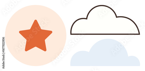 Orange star in pale circular backdrop next to outlined and blue-filled clouds. Ideal for creativity, simplicity, imagination, aspirations, goals, achievements, positive thinking. Minimalistic flat