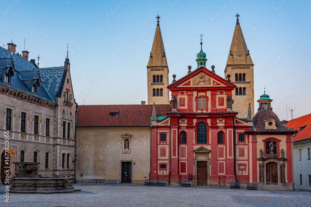 Fototapeta premium Sunset view of St. George's Convent at Prague castle, Czech repu