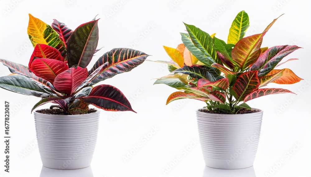 Fototapeta premium colorful croton plants in white pots isolated on white background