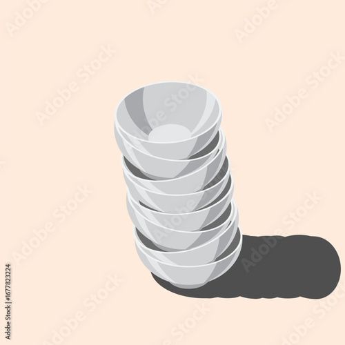 Isometric bowls. Empty bowls. Isometric cutlery. Isometric tableware. Vector illustration