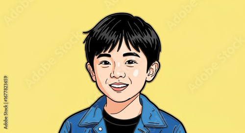 Cartoon illustration of a young boy with black hair and a blue jacket