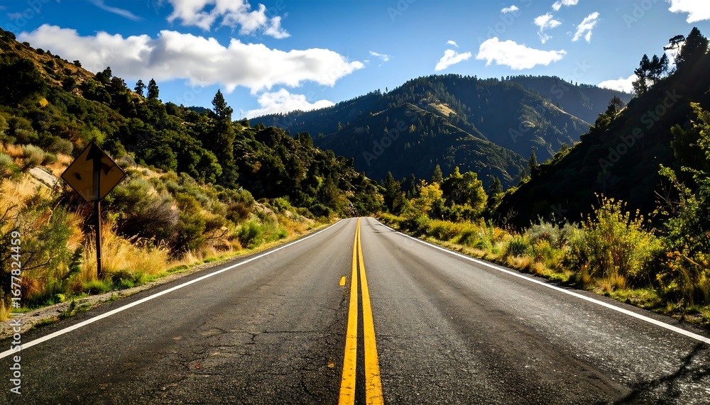 Naklejka premium A scenic highway winding through a mountain valley under a partly cloudy sky. A paved road stretches into the distance, flanked by lush greenery and forested mountains