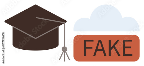 Graduation cap, cloud graphic, and bold FAKE text emphasize themes of academic fraud. Ideal for education, integrity, warning, accreditation, online scams ethics academic dishonesty. Simple flat