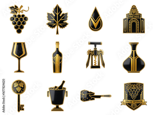 Ornate Art Deco wine icon collection, black and gold, for luxury branding and sommelier identity, on transparent background