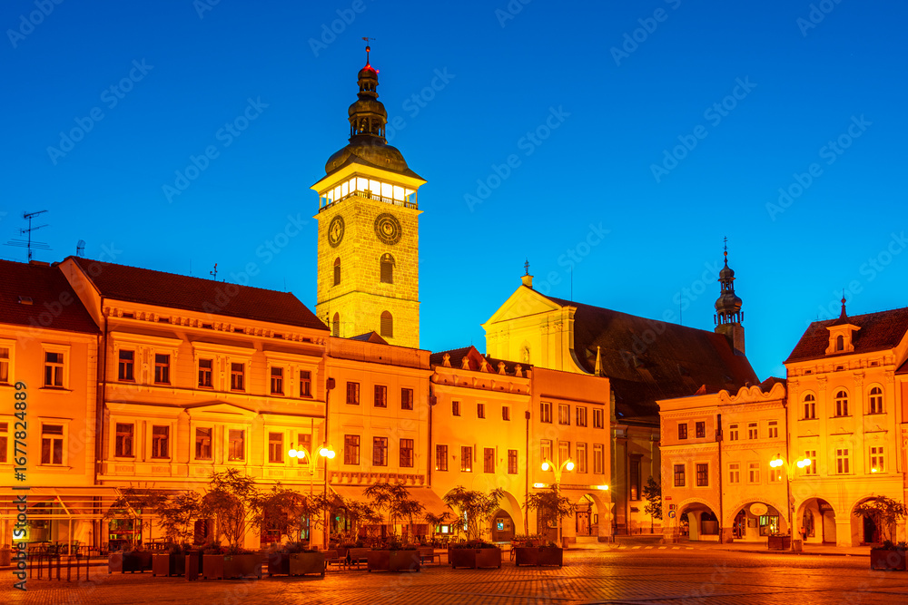 Obraz premium Sunrise view of Saint Nicholas church in Ceske Budejovice, Czech