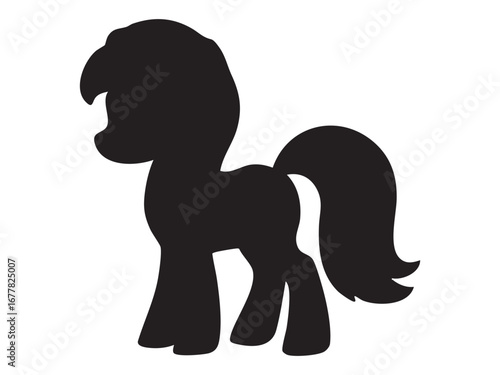 Black silhouette of pony horse on white background, side view. concept of equestrian, animal icon, logo, horse lover design, pet illustration, graphic design element.