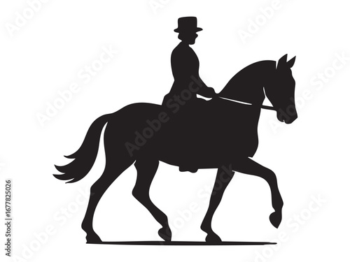 Black silhouette of a woman riding a horse, isolated on white background. concept of equestrian, horseback riding, sport, activity, animal, dressage, icon, logo, design element
