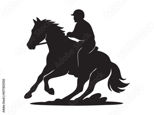 Black silhouette of man riding horse at gallop, isolated on white background. concept of equestrian, horseback riding, sport, animal, icon, logo, design element