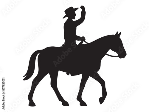 Black silhouette of man riding horse, waving hand, isolated on white background. concept of cowboy, equestrian, ranch life, adventure, western culture, icon, design element