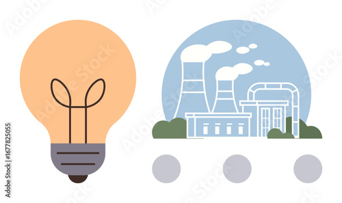 Light bulb next to industrial plant with chimneys emitting steam, representing energy generation, innovation, and sustainability. Ideal for energy, efficiency, industry, technology, global impact