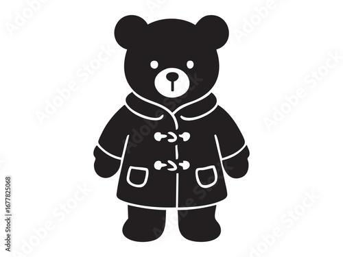 Black silhouette of toy bear wearing duffle coat, isolated on white background. concept of cute plush animal, childhood, fashion, stuffed toy, icon, logo, design element