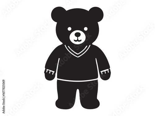 Black silhouette of toy bear wearing sweater isolated on white background. concept of cute stuffed animal, illustration, icon, logo, kids plush toy, design element