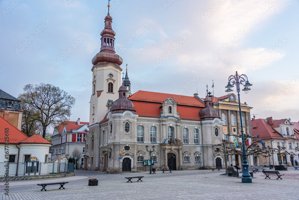 Obraz premium Sunrise view of the main square in Polish town Pszczyna, Poland