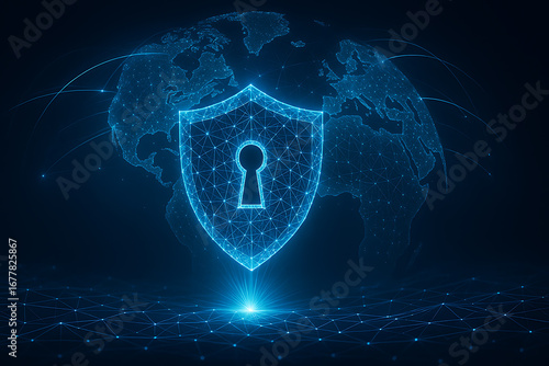 blue digital shield icon positioned at the center of a transparent Earth