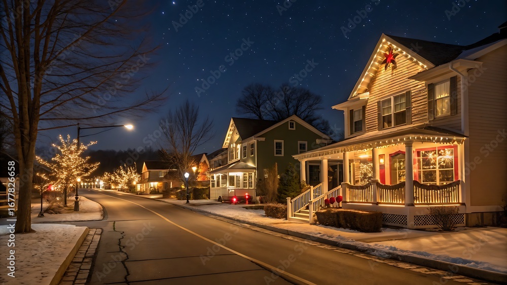 Fototapeta premium A street lined with houses decorated with christmas lights at night under a starry sky