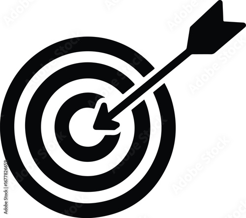 A flat 2D solid black vector icon depicts a dartboard with an arrow precisely in its center, symbolizing target success on a clean white background.