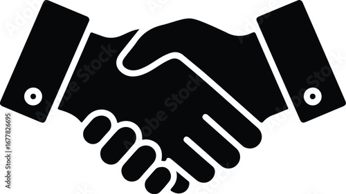 A flat 2D solid black vector icon depicting a handshake, clearly representing a successful business deal, partnership agreement, and collaboration, isolated on a clean white background.