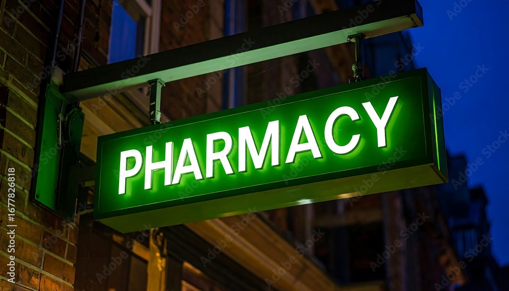 Obraz premium Illuminated green pharmacy sign at night