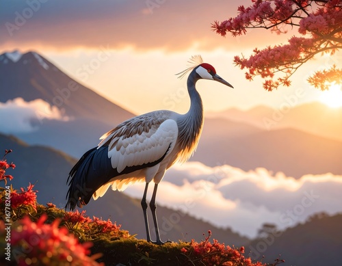 Majestic crane at sunrise over mountains, with cherry blossoms