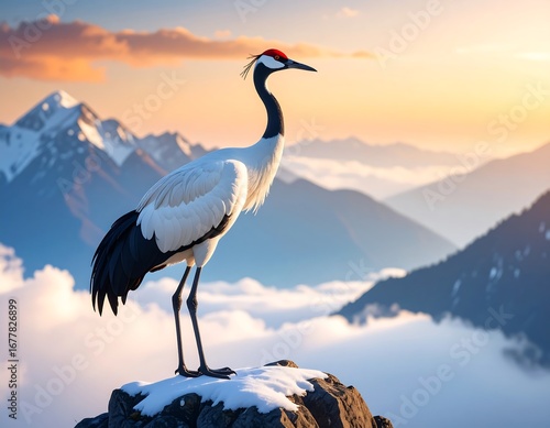 Majestic crane atop snow-capped mountain at sunrise
