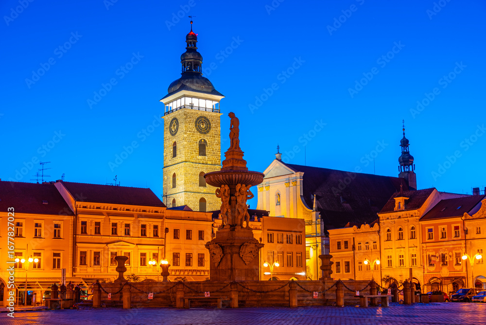 Fototapeta premium Sunrise view of Saint Nicholas church and Samson fountain in Ce