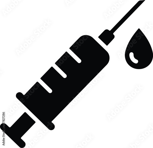 A flat 2D solid black vector illustration depicts a syringe injection with a distinct drop, symbolizing vaccination, medical treatment, and healthcare on a clean white background.