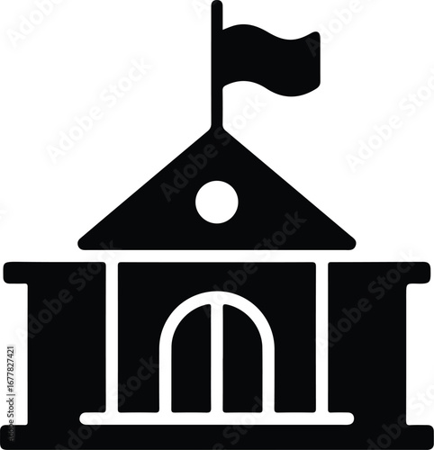 Simple black icon of a building with a flag on top against a white background