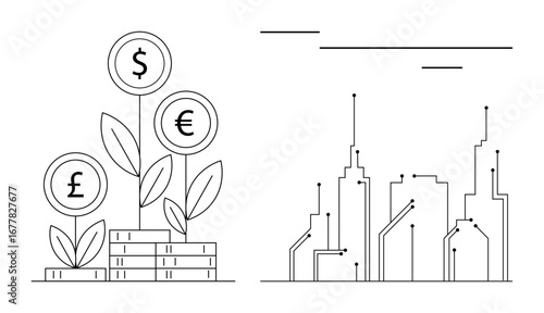Plants with dollar, euro, and pound signs emerging from coins next to a modern connected city skyline. Ideal for investment, economy, fintech, innovation, sustainability, green finance future